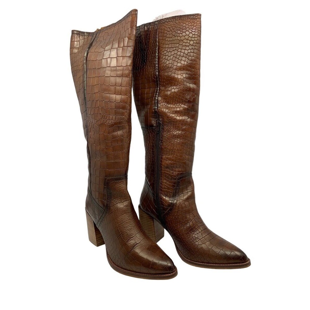 Diba True Do Brown Crocodile Knee High Boots Stacked Heel Pointed Toe 10M